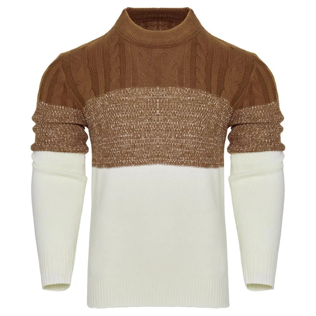 A men's long-sleeved knitted pullover sweater shown in one of five available styles.