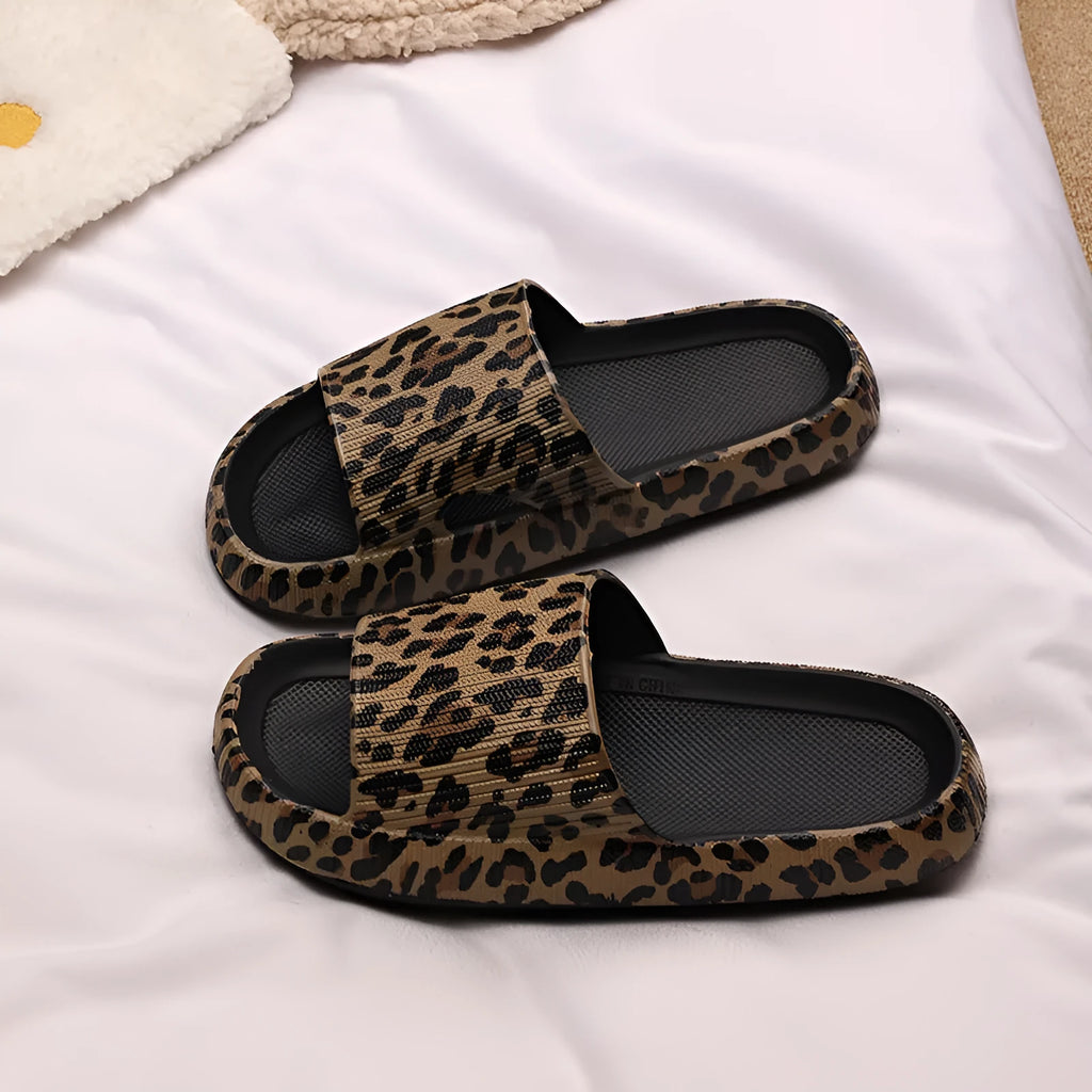 Women's leopard print EVA slippers with thick sole in black, pink, white zebra and khaki colours