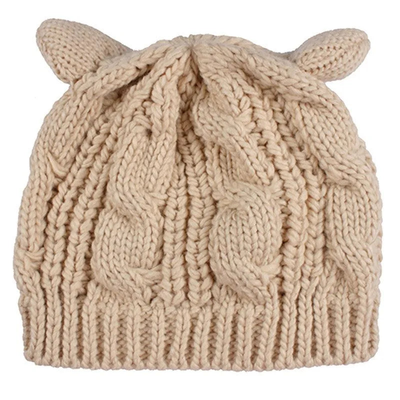 Hand made 3D cat ear knitted wool beanie in winter colours