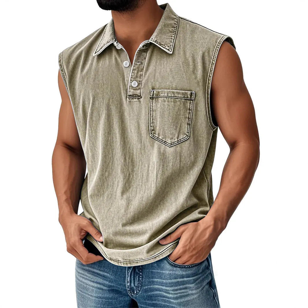 Man wearing a short sleeve polo shirt with a 3D digital print design in a loose fit.