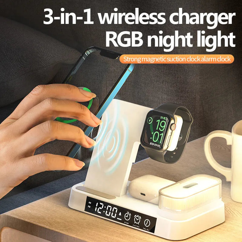 White 4-in-1 wireless charging station showing alarm clock display, foldable stand, and charging pads for phone and Apple Watch.