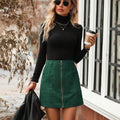 Women's high waist short skirt with zipper in black, camel, brick red, or dark green.