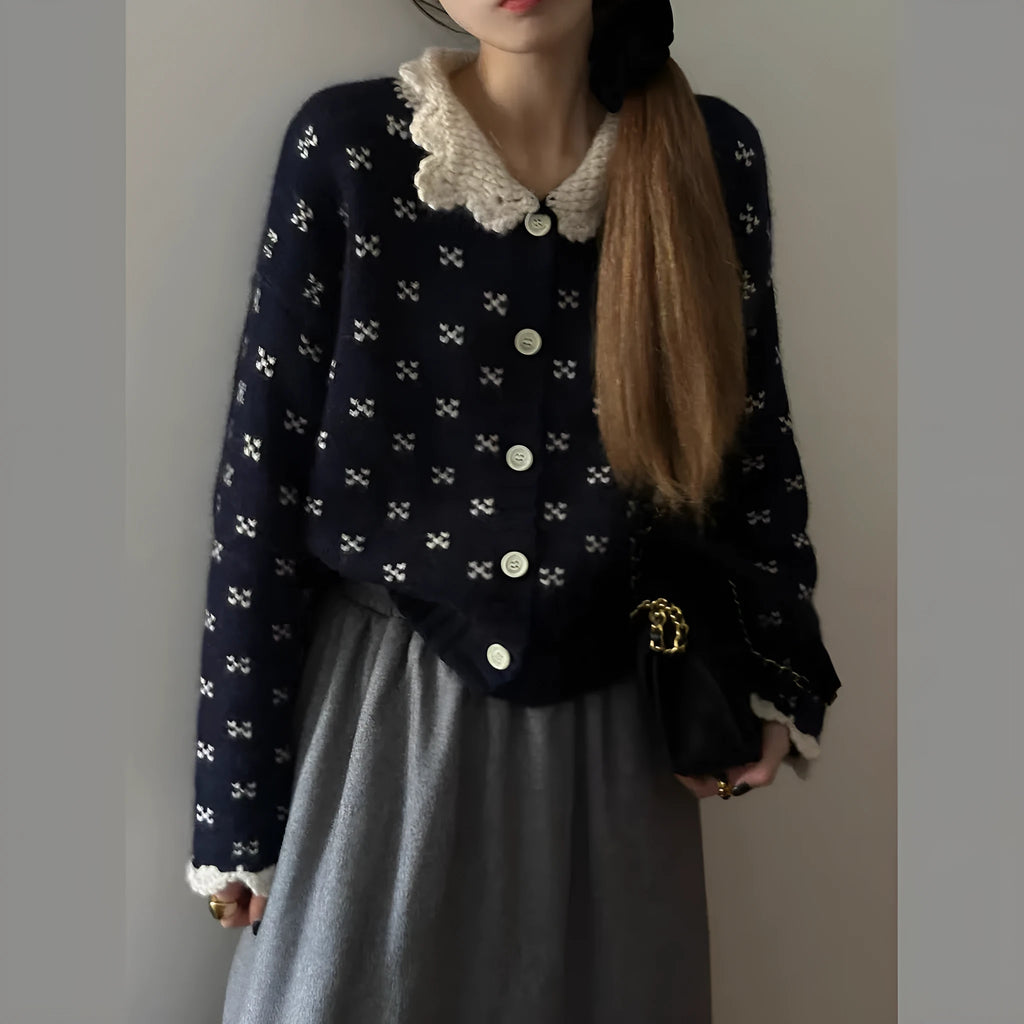 Retro Peter Pan collar floral pattern knitted cardigan in navy blue, apricot, or grey