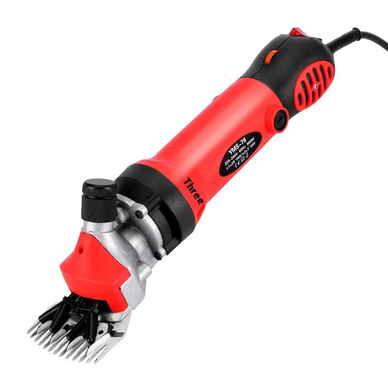 Yellow electric wool shears with 110V plug and multiple cutter heads for animal shearing
