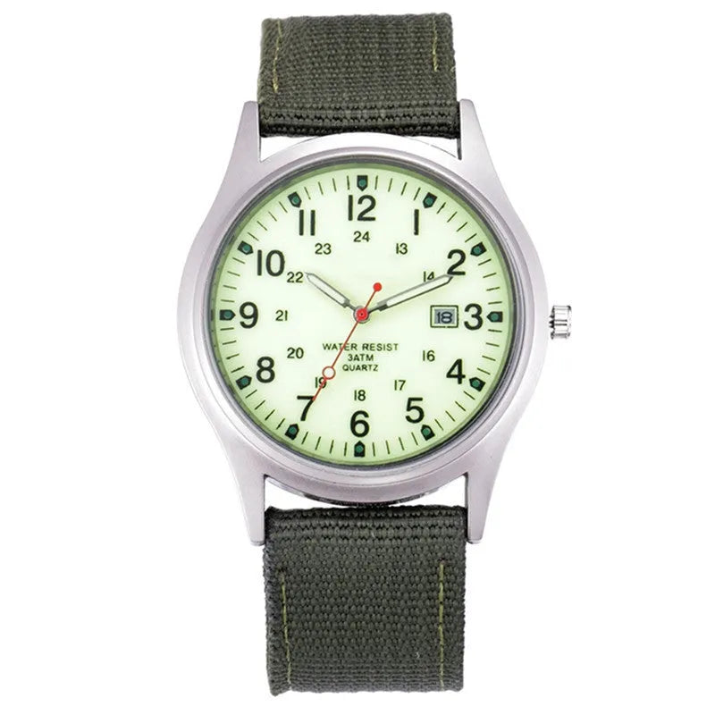 Military fabric strap watch for men, 7mm thick, sports army clock with calendar, available in 20 colours