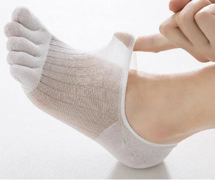 Modal five-finger ultra-thin boat socks in solid colours: white, khaki, light grey, dark grey, and black.