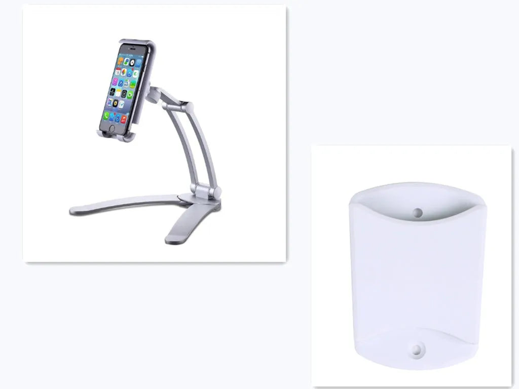 Silver aluminium alloy desktop stand holding a tablet, showing its adjustable clip and mounting base.