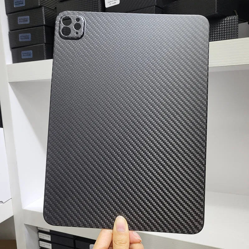 Carbon fibre protective cover for iPad Pro 11 showing embossed plaid texture