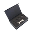 Bluetooth 5.0 external tyre pressure monitoring system kit with four sensors, a wrench, and anti-theft screws.