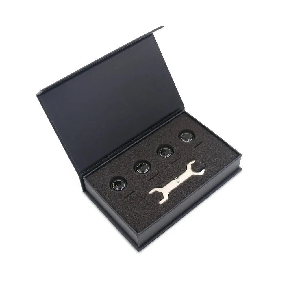 Bluetooth 5.0 external tyre pressure monitoring system kit with four sensors, a wrench, and anti-theft screws.