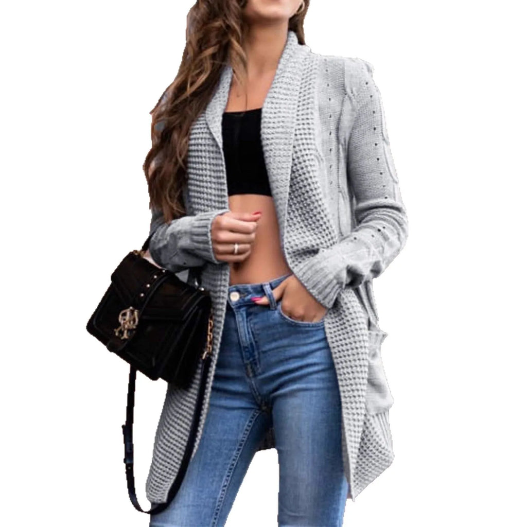 Grey loose-fit women's cardigan coat with front pockets and long sleeves.