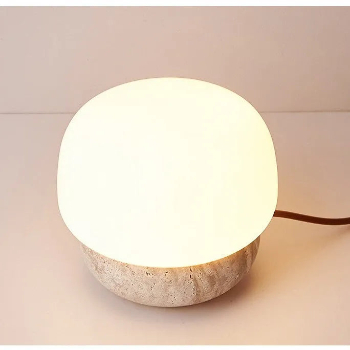 Cream coloured retro bedside lamp with button switch measuring 18cm by 17cm