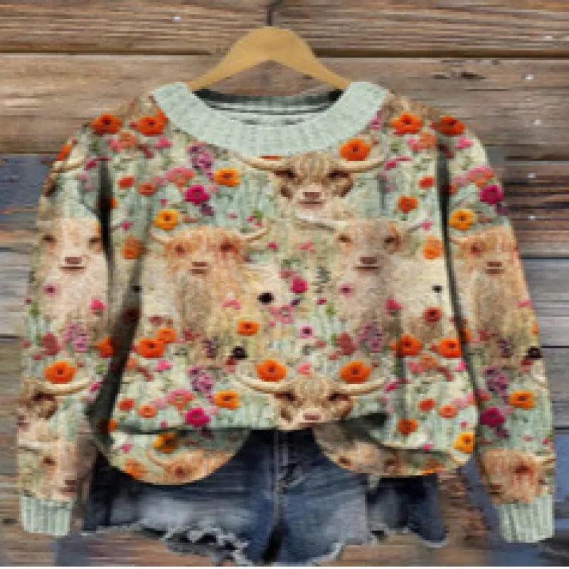 Digital printed little flower pattern round neck sweater in polyester fabric