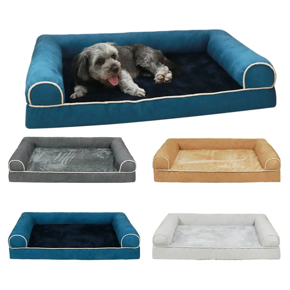 Square cloth pet bed for dogs in dark gray, available in sizes S to 2XL with breathable fabric.