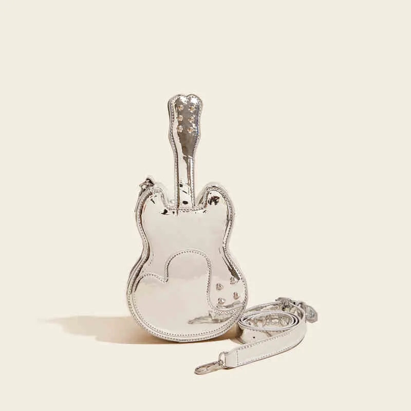 Guitar shaped PU crossbody shoulder bag in silver black yellow blue pink with 16cm width for phone and wallet