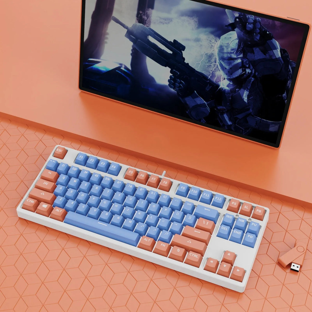 87 key wired mechanical keyboard with hot-swappable switches showing dual-colour keycap theme on metal body