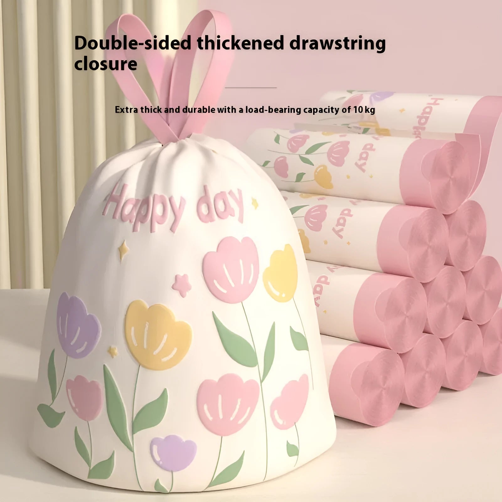 Pink degradable garbage bag with bold drawstring and argy wormwood mosquito repellent properties