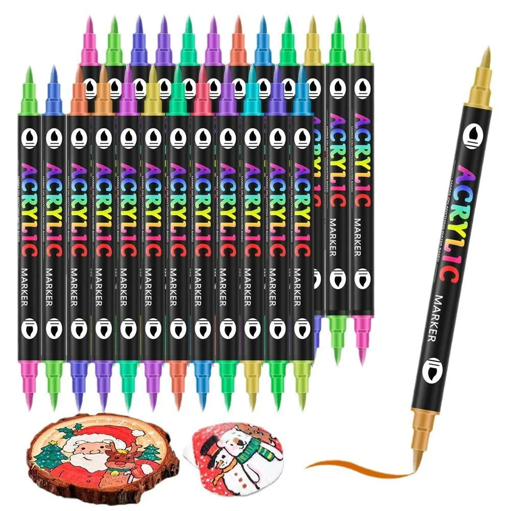 Set of double-ended acrylic marker pens with washable opaque ink in various colours.