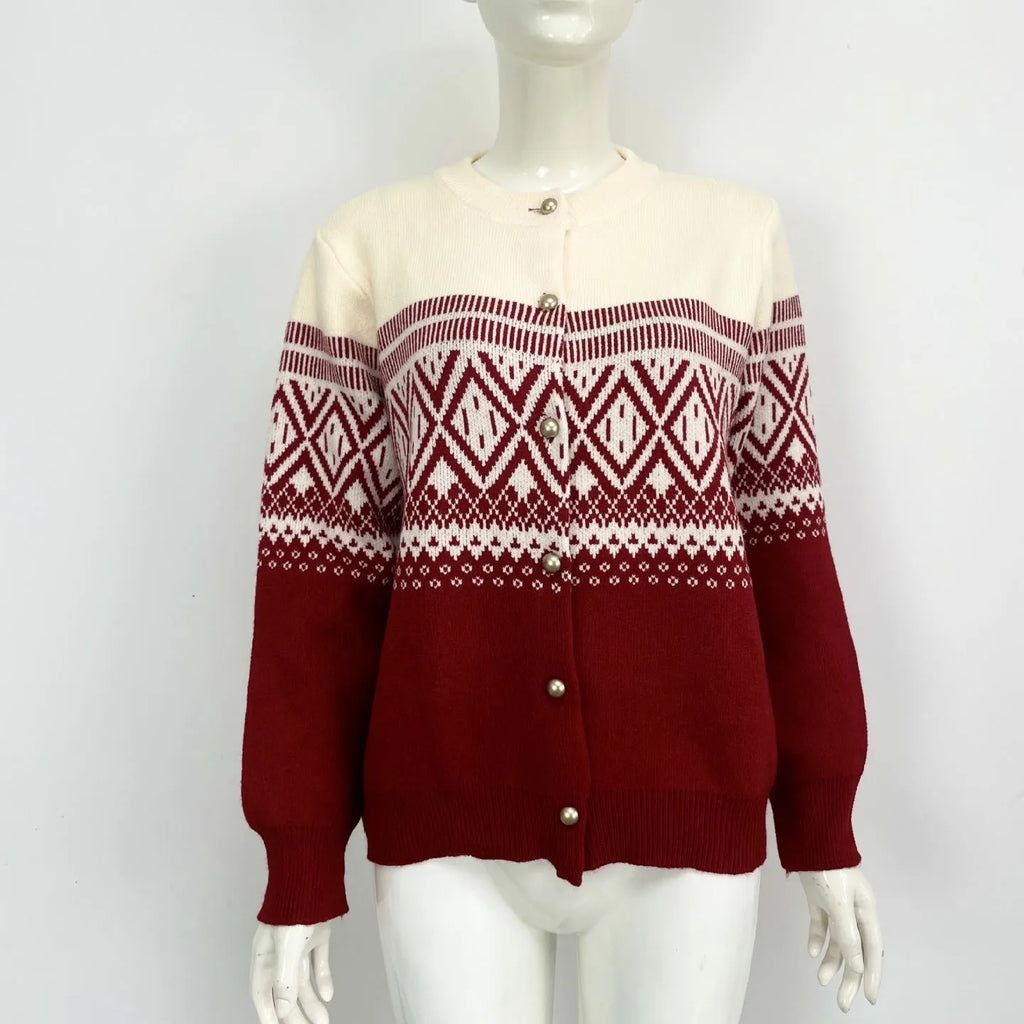Women's red alpaca wool cardigan with grey contrast sleeves and diamond knit pattern