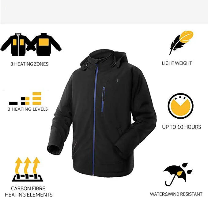 Black USB-heated men's winter coat with long sleeves, straight hem, and zipper pockets.