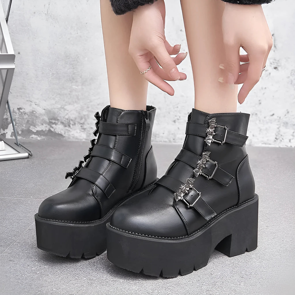 Black women's Harajuku punk style Martin boots with bat buckle detailing and side zipper