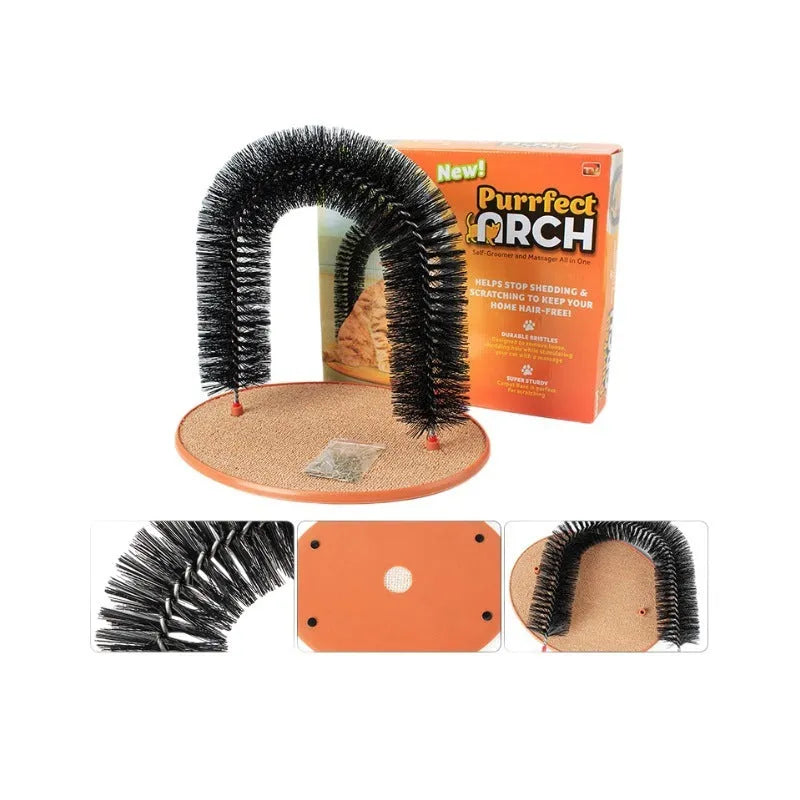 White plastic arched cat grooming station with built-in brush bristles for scratching and rubbing.