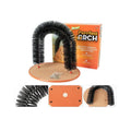 White plastic arched cat grooming station with built-in brush bristles for scratching and rubbing.