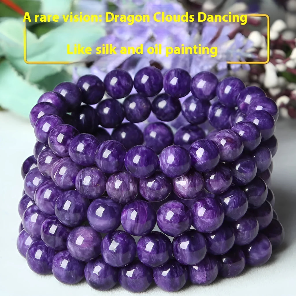 Natural transparent charoite beaded bracelet with platinum accents available in 6mm to 12mm sizes
