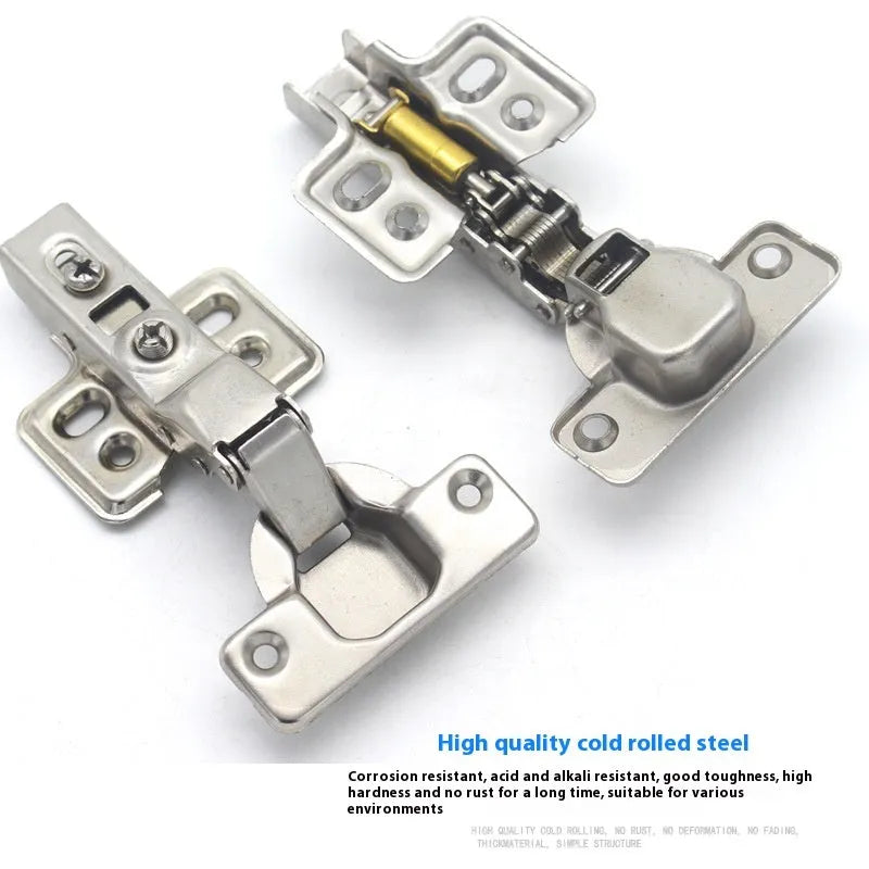 A nickel-plated cold rolled steel hydraulic hinge for cabinets, showing its damping mechanism and bend style.
