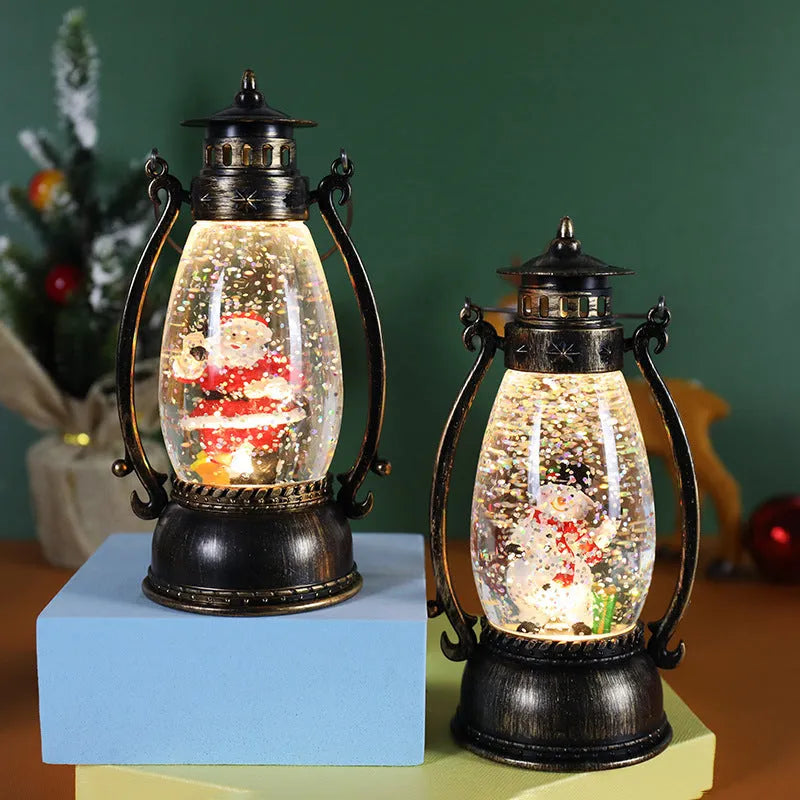 Crystal ball oil lamp desktop decoration with snowman design and battery-powered illumination