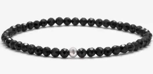 Geometric cut surface black agate bracelet with 4mm obsidian, blue san, and black agate beads