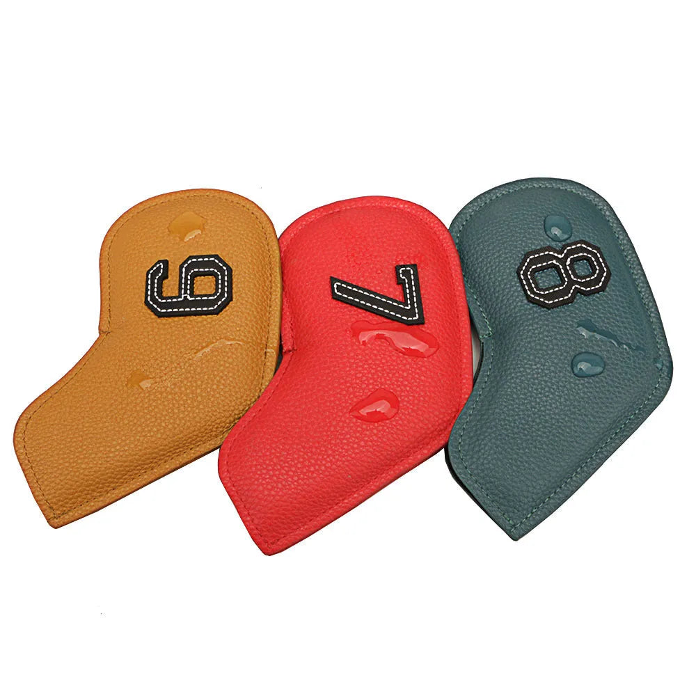 Set of 10 digital printed golf club head covers in assorted colours for bag protection
