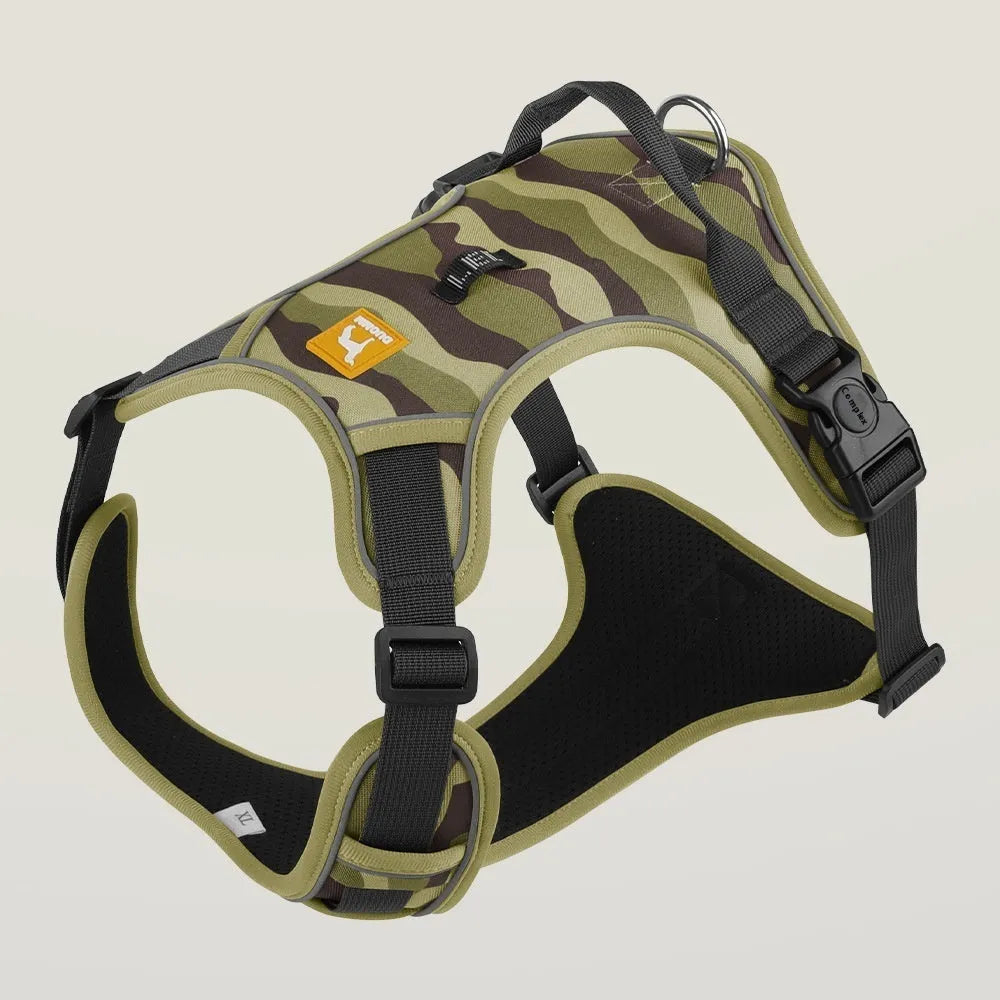Orange dog harness and lead with chest strap, handle, and reflective strips for commuter safety.