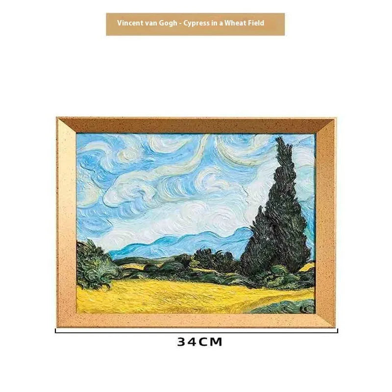 DIY oil painting by numbers kit showing framed Van Gogh Starry Night artwork with brushes and paints
