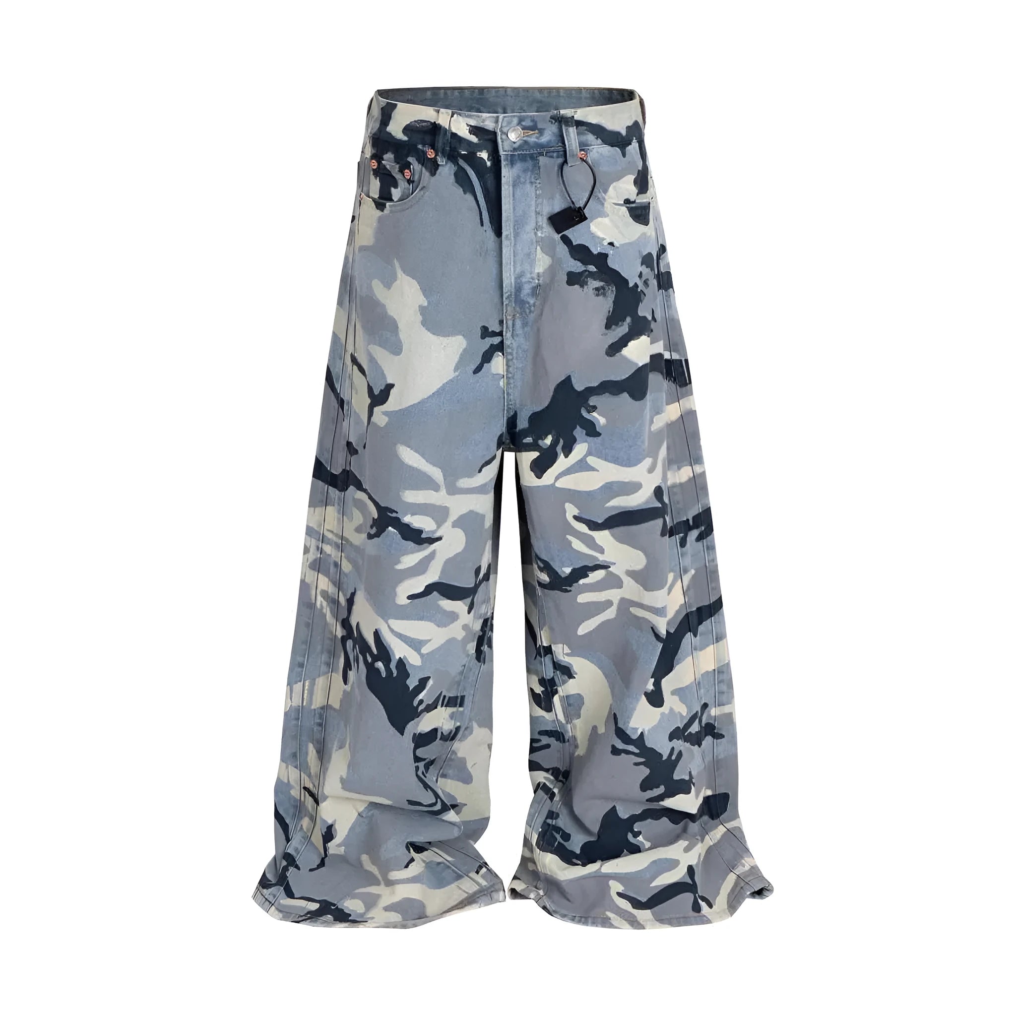 Snow camouflage blue loose-fit jeans with a mid waist on a hanger