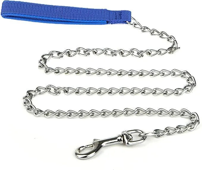 Heavy duty metal chain dog leash with a soft black padded handle, shown with a red colour option.