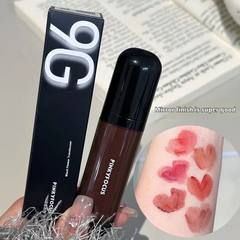 Black Shiny Mirror Lip Lacquer tube with six colour options including red, brown, and rose.