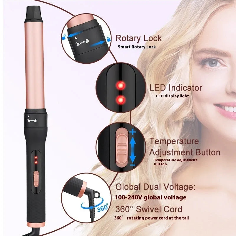 All-in-one three-barrel water wave hair curler and straightener with power cord.