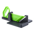 Green and red plastic vegetable cutter with stainless steel blades for slicing carrots and potatoes.