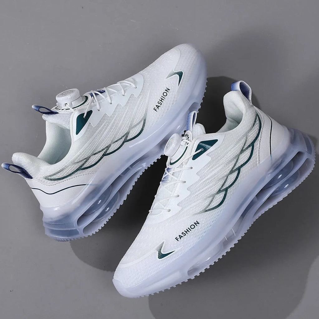 White men's low-top casual running shoes with rotating button closure and mesh upper.