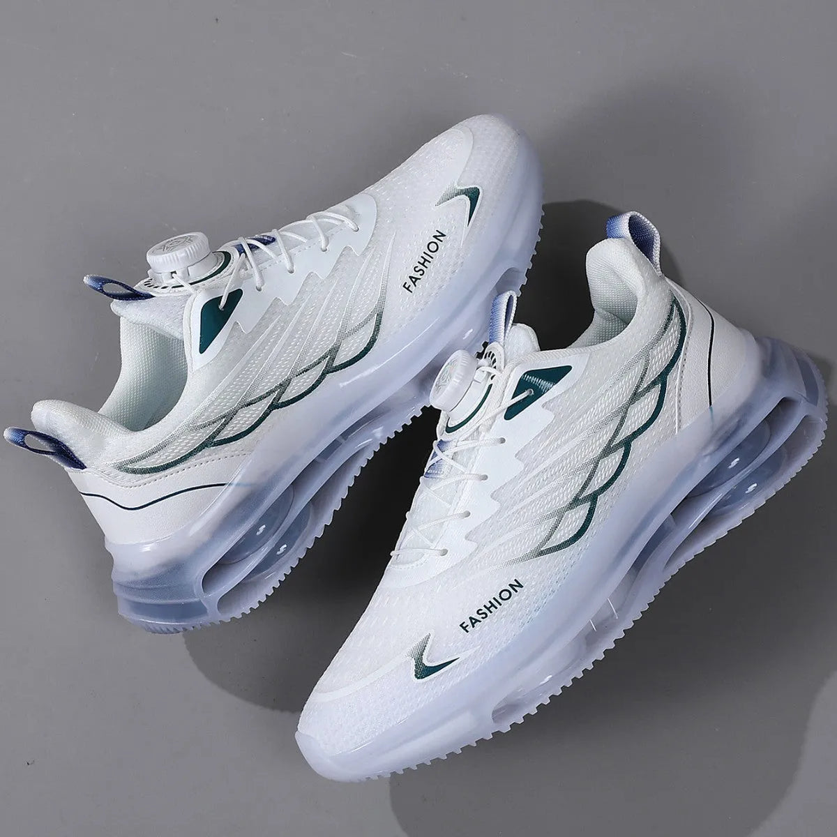 White men's low-top casual running shoes with rotating button closure and mesh upper.