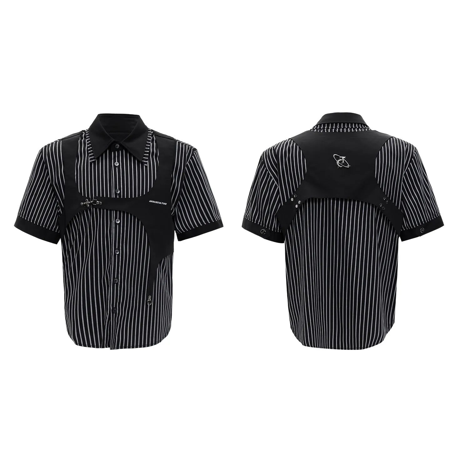 Men's black and white striped cotton shirt with double collar design and short sleeves