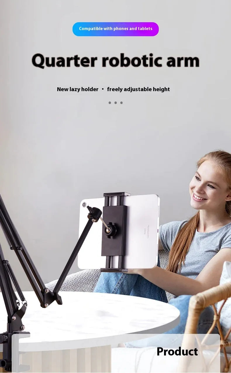 Black foldable metal cantilever bracket holding a tablet on a desk.