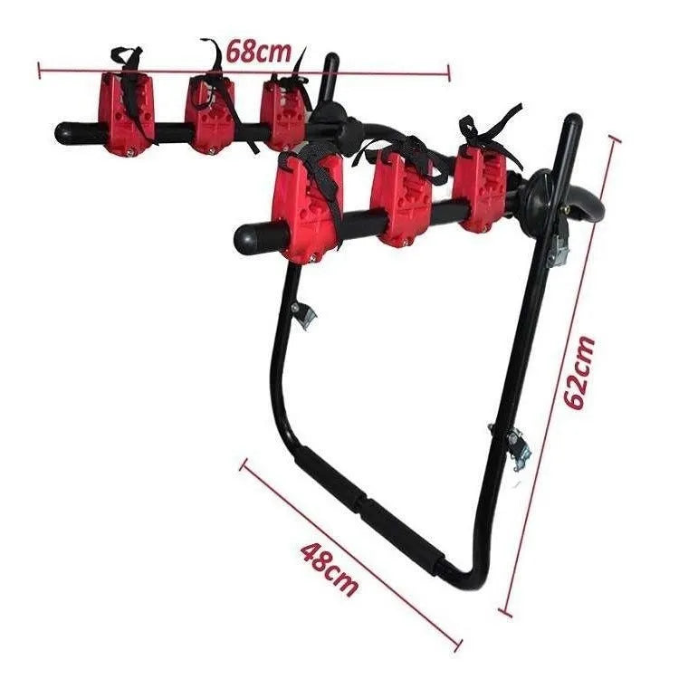 Black and red trunk mounted car bike rack with iron frame and plastic components