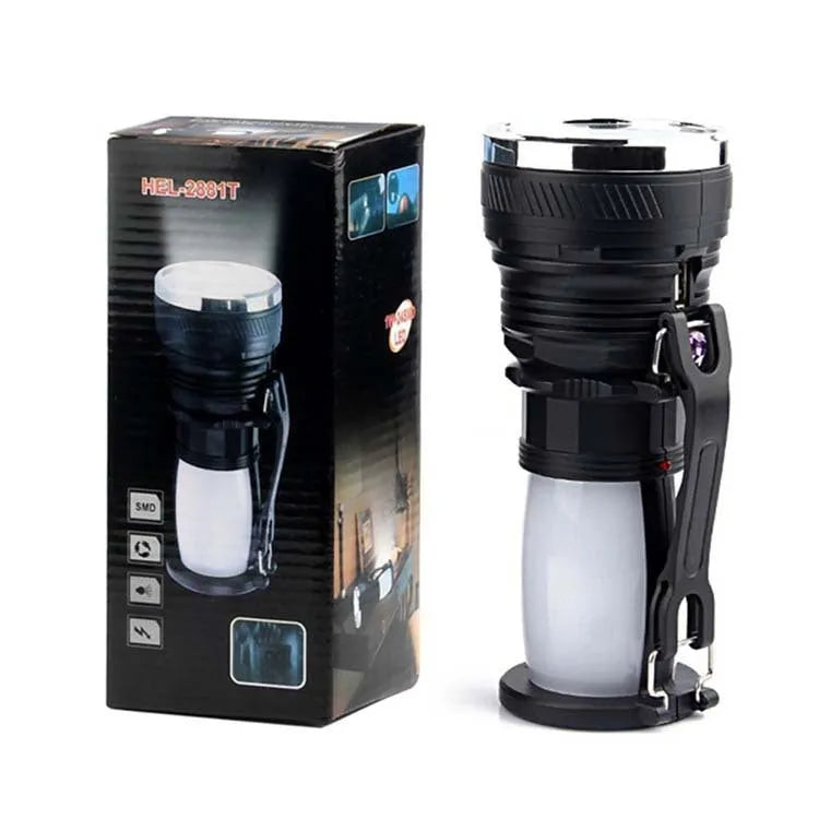 Black solar charging LED emergency flashlight with USB port and ABS plastic construction
