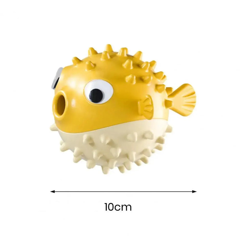 Yellow fish-shaped vinyl dog chew toy with textured surface for teeth cleaning