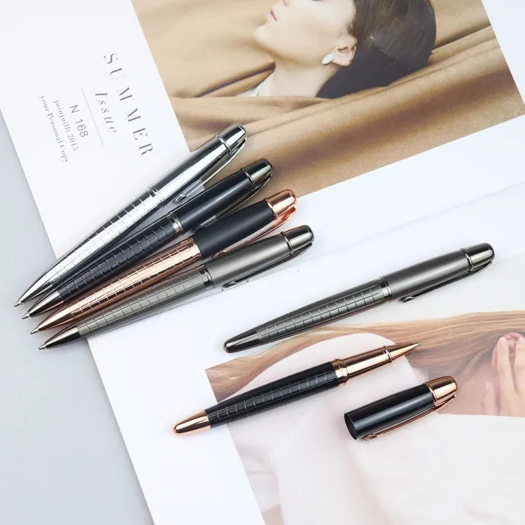 Gun gray metal roller pen showing 13.5cm length with black or blue ink refill options