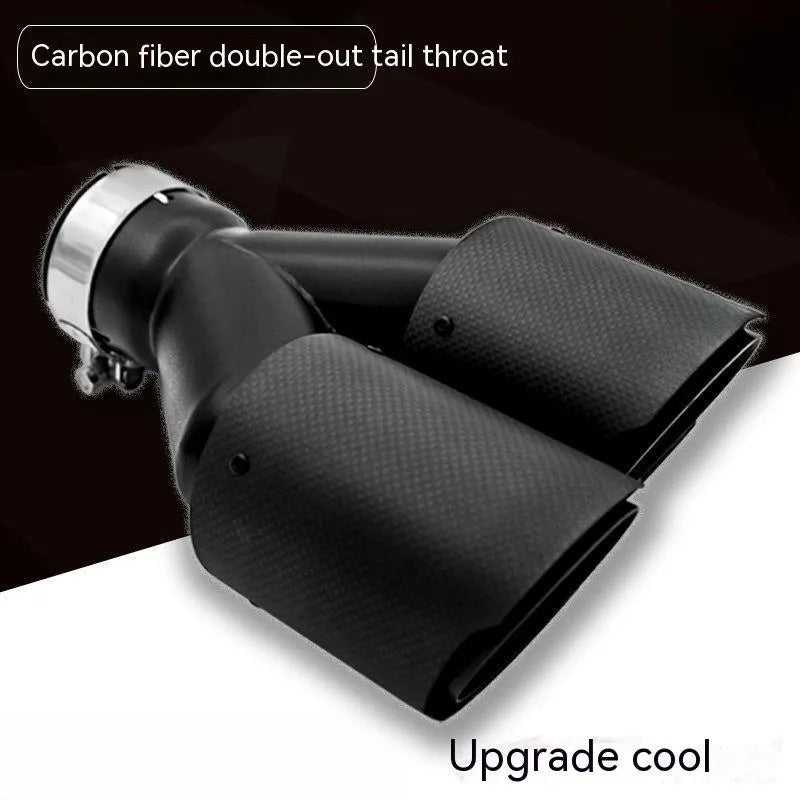 Black carbon fibre car exhaust pipe silencer with twin outlets, length 250mm.