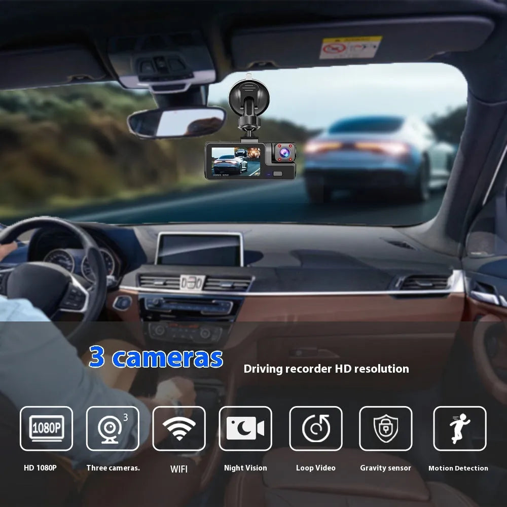 Front and rear WiFi car dash cam on windscreen with 2.0-inch screen showing reversing camera image.