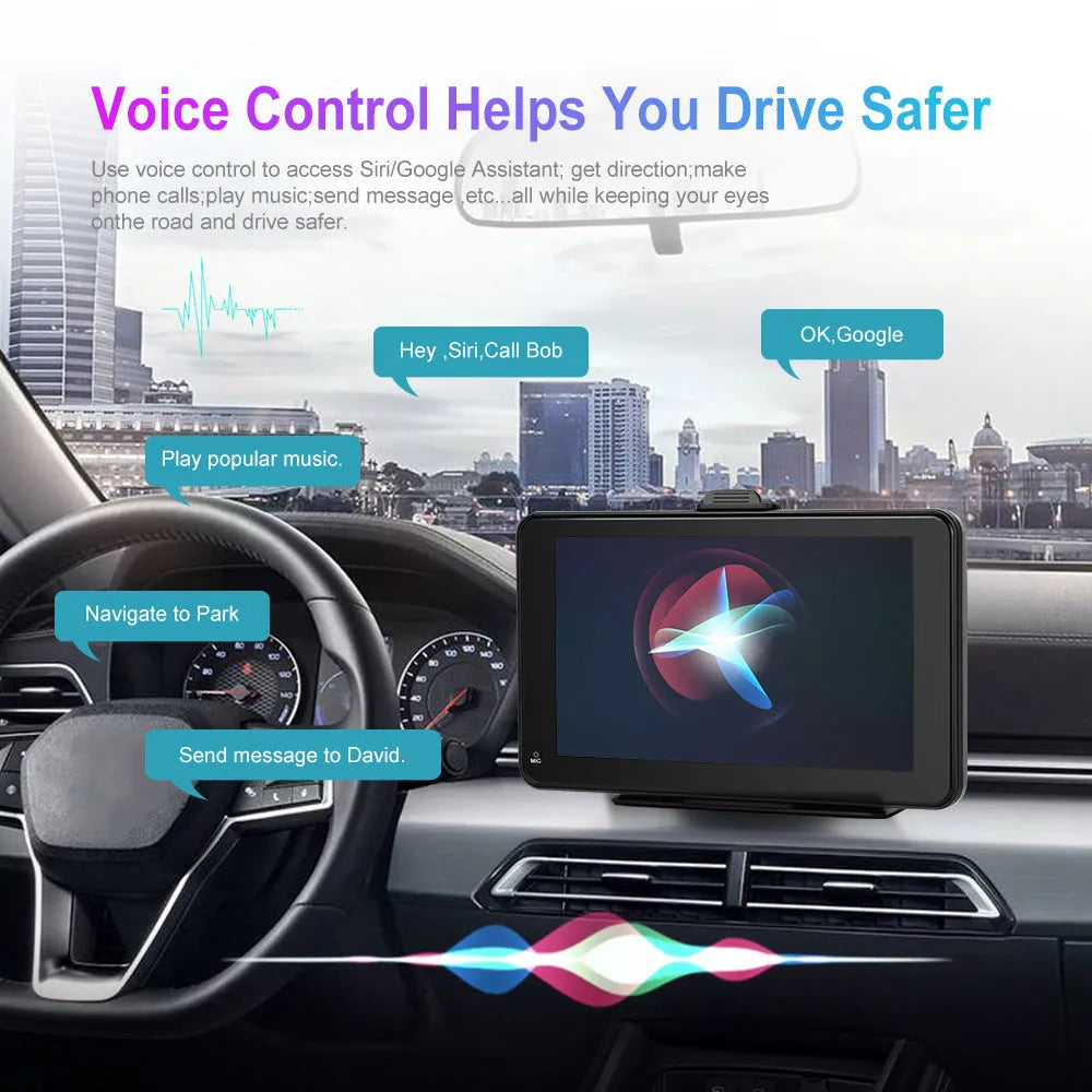 7-inch HD wired screen car player with universal mounting supports and connectivity cables